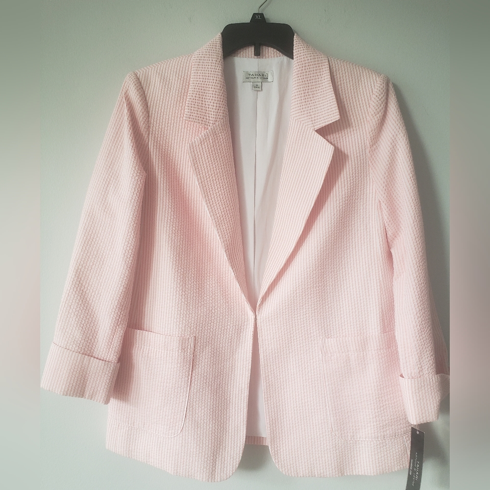 Tahari Arthur S Levine Womens Pink White Striped Long Sleeve  Jacket Size 8